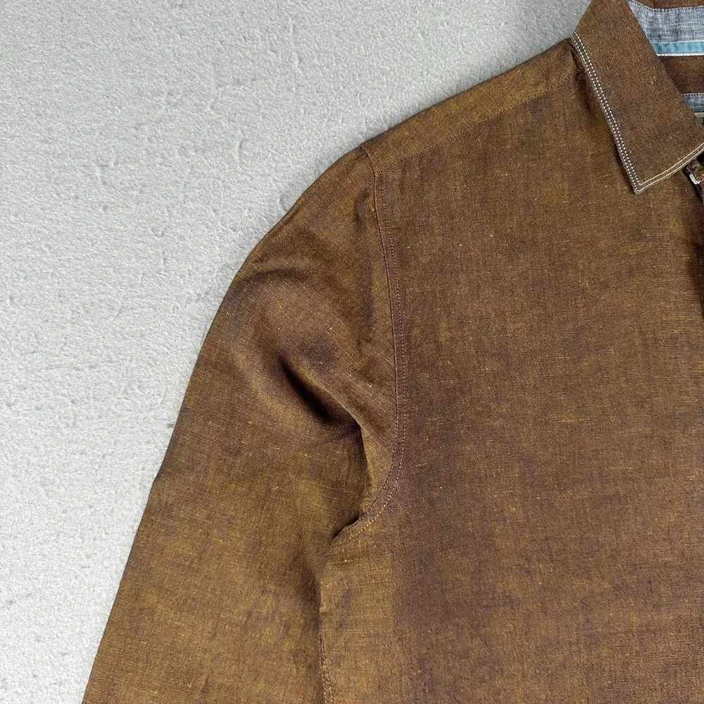 32 Bar Blue Button Up Shirt Men's Medium Metallic Copper Bronze Cotton Linen - Picture 7 of 16